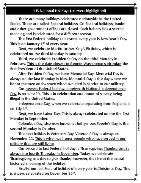 Us National Holidays Reading And Comprehension Questions Classful