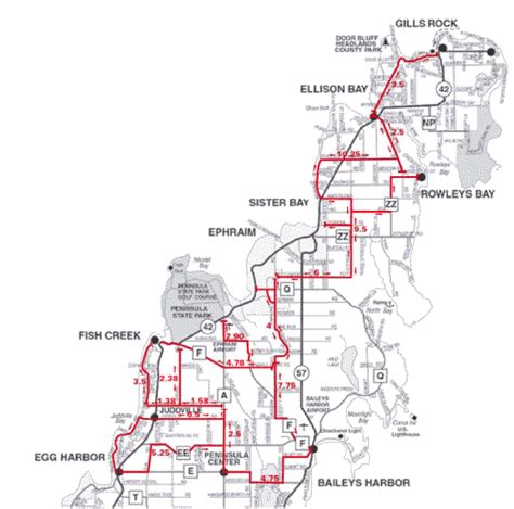This Bike Map Shows Mileage Door County Map Door County Wisconsin