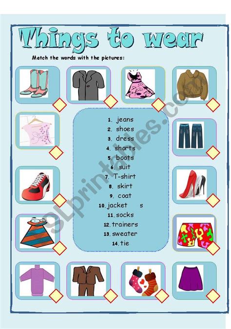 Things To Wear Matching Esl Worksheet By Ana B
