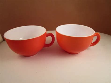 Vintage Hazel Atlas Milk Glass Ovide Rust Orange Pair Of Cups