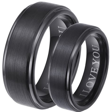 Engraved With I Love You His And Hers Matching Black Tungsten Wedding Couple Rings Set P466 2794 Image 