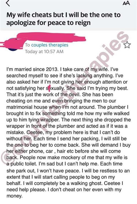 Man Heartbroken Over Wifes Incessant Cheating As She Blames Devil For