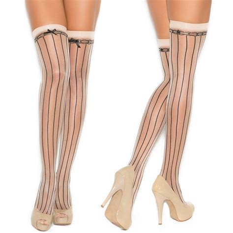 Cosplay Maid Slim Vertical Stripes Bowknot Thigh High Lace Stockings