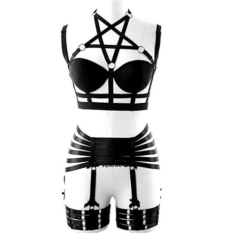 out sexy star pentagram cage bra set full body bondage harness fetish lingerie gothic elastic