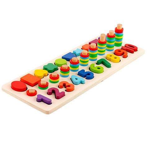 Toy To Enjoy Wooden Number Puzzle With Rings And Shapes Stacking Montessori Sorting Toy For