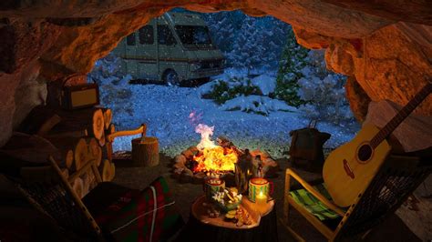 Winter Cave Ambience Cozy Snowy Cave With Snowfall And Bonfire Sounds