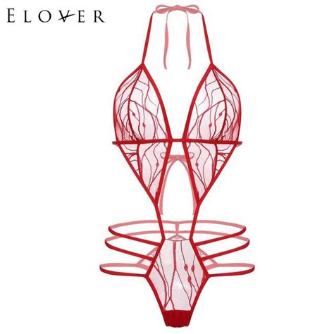 Elover Lingerie Sexy Hot Erotic Womens Sexy Lingerie Bodysuit Thong Lace One V Neck Up Cut