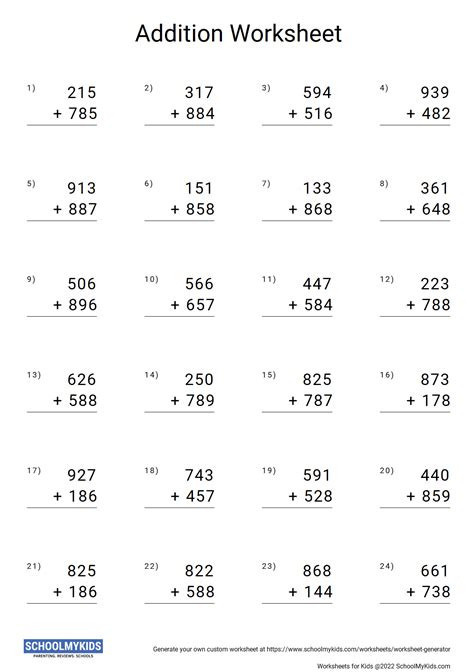 Addition Worksheet Generator Math Worksheet Creater Schoolmykids