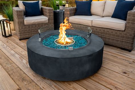 42 Round Modern Concrete Fire Pit Table W Glass Guard And Crystals In Gray By Akoya Outdoor
