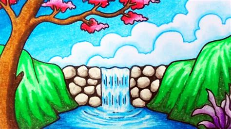 But what day did you try to paint this scene? Easy Waterfall Scenery Drawing | How to Draw Beautiful ...