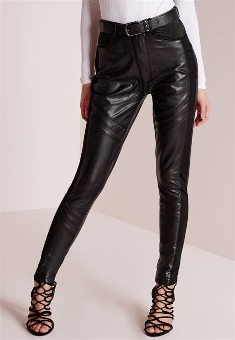 Missguided Faux Leather Detail Trousers Black In Black Lyst