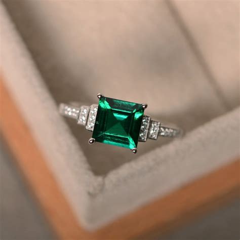 Lab Created Emerald Ring Sterling Silver Square Cut Etsy