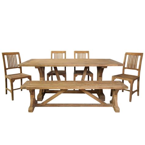 Fulton Teak Wood Trestle Base Dining Table With 4 Chairs And Bench Set