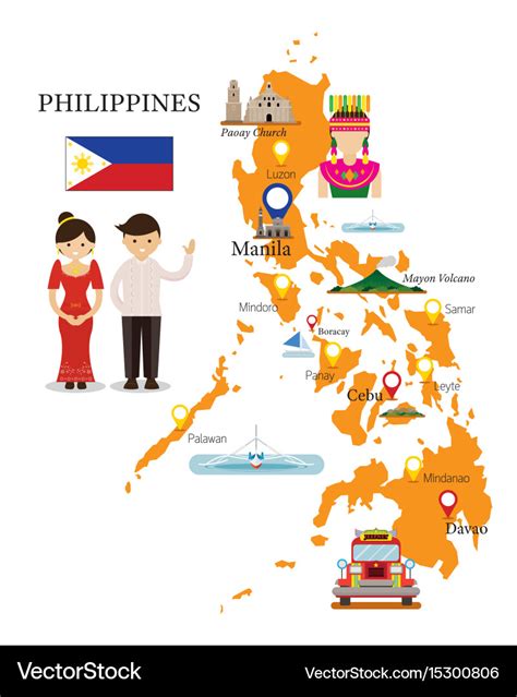 Philippines Map And Landmarks With People In Vector Image