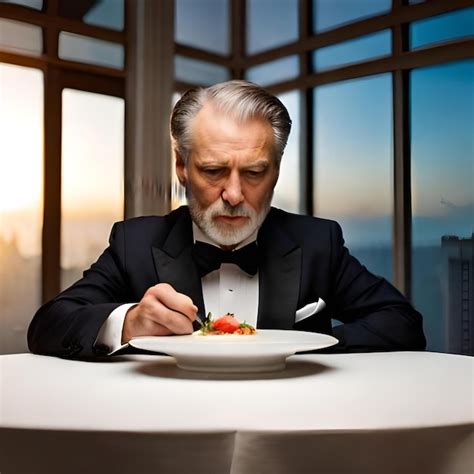 Premium Ai Image A Man In A Tuxedo Sits At A Table With A Plate Of