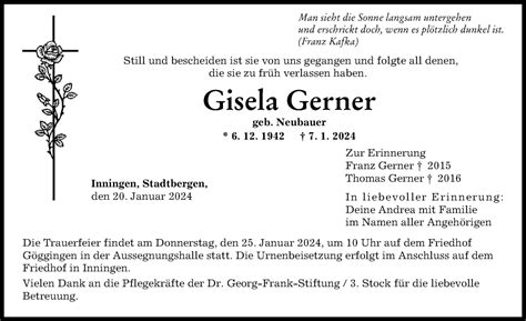 traueranzeigen von gisela gerner augsburger allgemeine zeitung