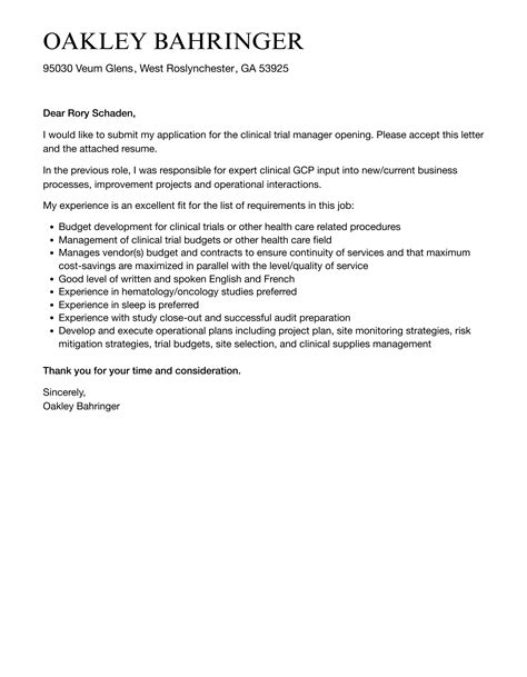 Clinical Trial Manager Cover Letter Velvet Jobs