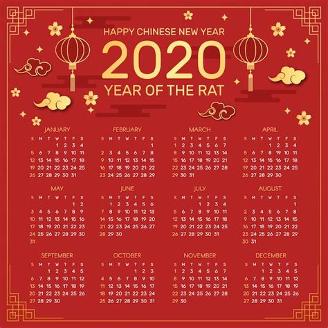 Free Vector Red And Golden Chinese New Year Calendar With Lamps