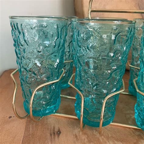 Set Of 8 Vintage 1960’s Aqua Blue Glass Tumblers With Wire Organizer Drinking Glasses