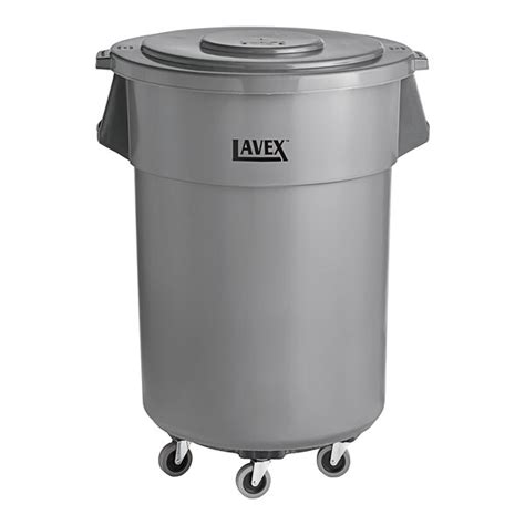 Lavex 55 Gallon Gray Round Commercial Trash Can With Lid And Dolly
