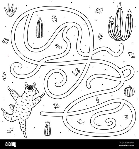 Black And White Maze Game With A Cute Llama Funny Puzzle Stock Vector