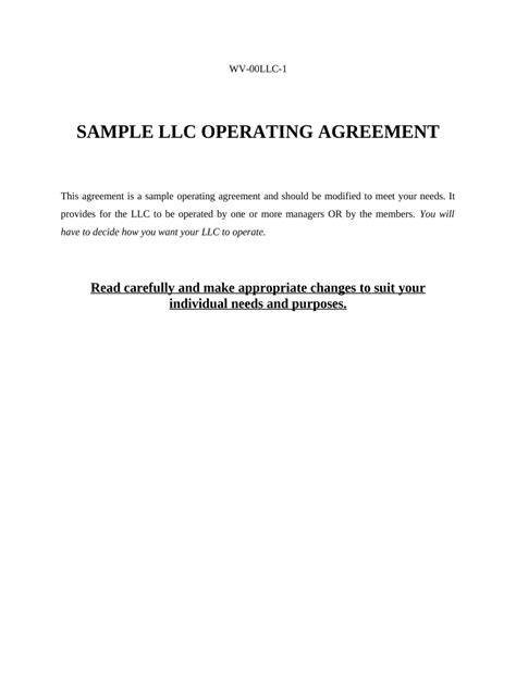 Limited Liability Company Llc Operating Agreement West Virginia Form