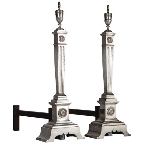 Antique Neoclassical Cast Brass Andirons With Tapered Fluted Columns Circa 1900 For Sale At