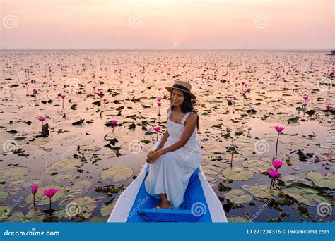 The Sea Of Red Lotus Lake Nong Harn Udon Thani Thailand Asian Women