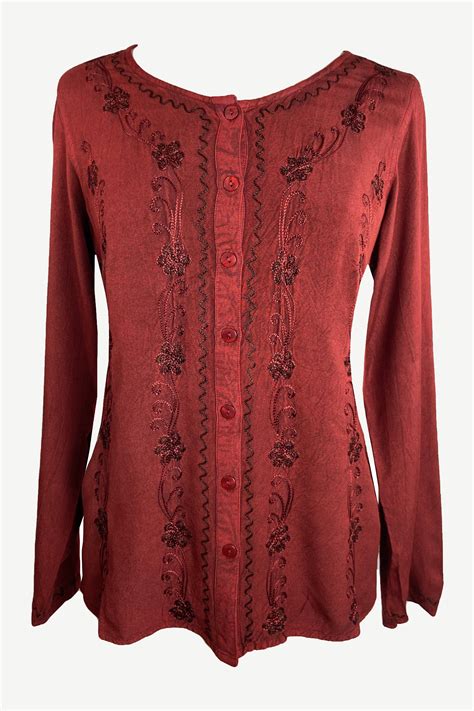 27 707 B Womens Boho Medieval Embroidered Button Down Full Sleeve Shi