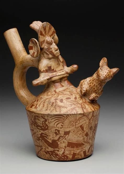stirrup spout ceramic vessel with deer hunting scenes moche culture peru ca a d 450 550
