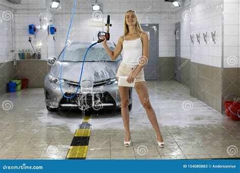 Young Woman Washes Car Stock Image Image Of Cross Girl 154080883