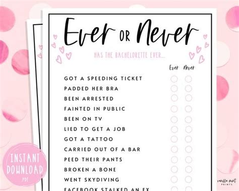 Bachelorette Party Games Ever Or Never Game Fun Hen Party Games Never Have I Ever Bride To Be
