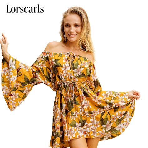 Lorscarls 2018 Summer Dress Women New Sexy Slash Neck Flare Sleeve Bundle Waist Bohemian Mini