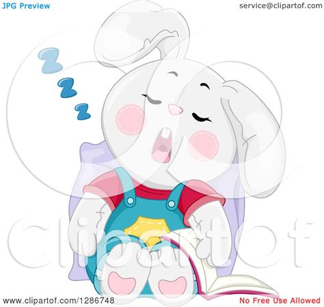 Clipart Of A Tired White Bunny Rabbit Sleeping Upright With A Book At His Side Royalty Free