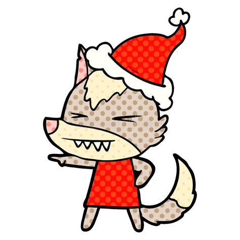 Angry Wolf Comic Book Style Illustration Of A Wearing Santa Hat Stock