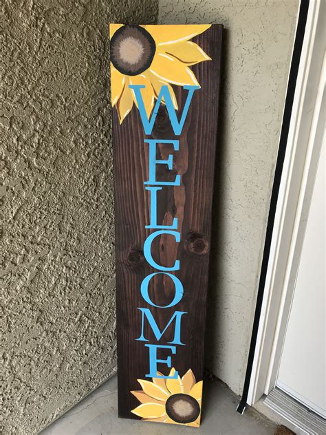 Hand Painted Leaning Welcome Wooden Anytime Lettered Porch Sign With 🌻