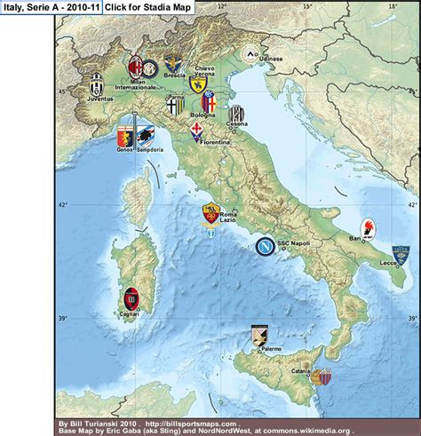 Serie a italy soccer map and team logos. Italy: Serie A, 2010-11 season - Stadia map. « billsportsmaps.com