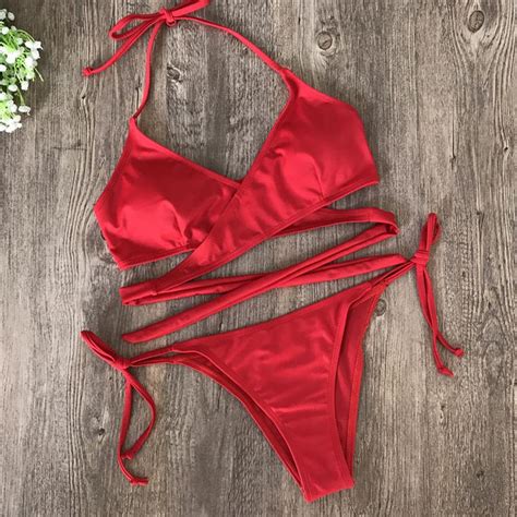 Summer 2018 New Sexy Red Solid Bandages Bikini Swimwear Low Waist Halter Split Two Piece