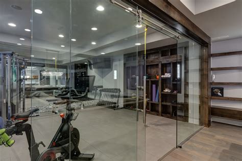 Basement Gym Workout With Glass Walls Transitional Home Gym