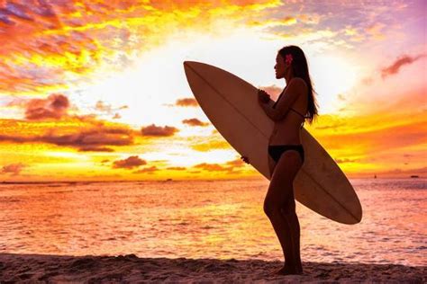 Surfer Bikini Girl On Hawaii Beach Holding Surf Board