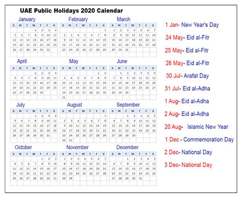 Public Holidays 2020 In The Uae Printable Calendar Templates Gambaran