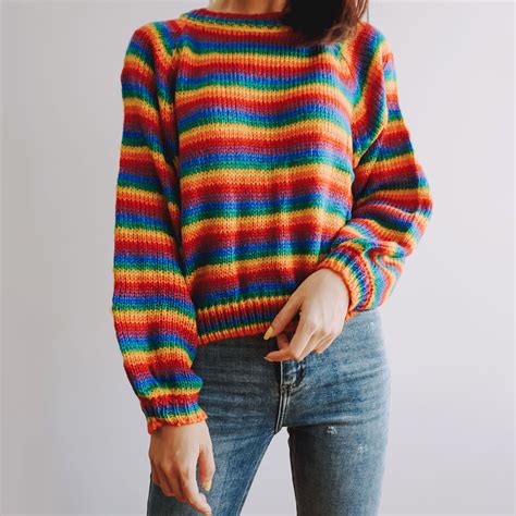 Rainbow Stripe Knit Sweater Multicolor In 2021 Knitted Sweaters