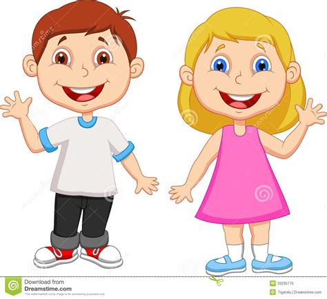 Cartoon Boy And Girl Waving Hand Stock Photo Image