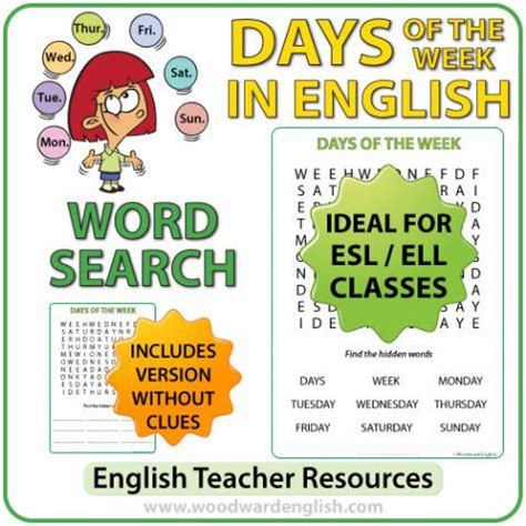 Days Of The Week In English Word Search Woodward English English Teacher Resources English