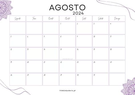 Calendário Agosto 2024 💜 Imprimir