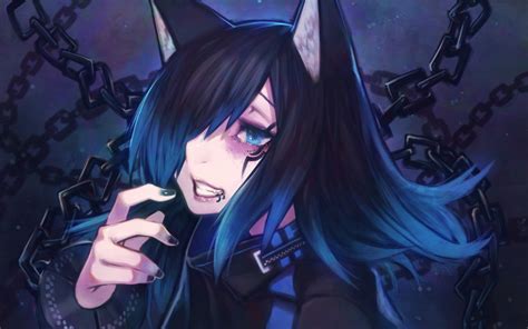 Anime Anime Girls Cat Ears Blue Hair Black Hair Blue Eyes Blue Nails