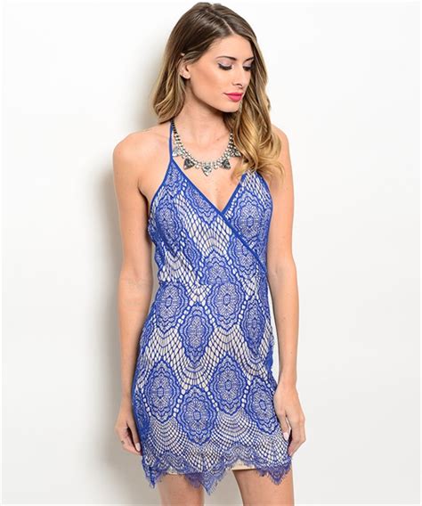 blue lace bodycon dress featuring spaghetti straps plunge v neckline scallop hem and open back