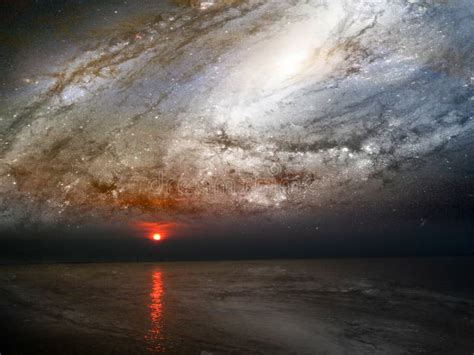 Spiral Galaxy And Reflection Sunset On Sea Stock Image Image Of