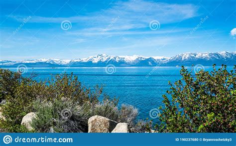 Snow Covered Sierra Nevada Mountain Peaks Surrounding Lake Tahoe Stock