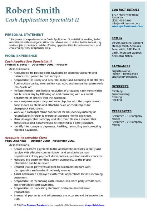 Maintain control of the following areas: Cash Application Specialist Resume Samples | QwikResume